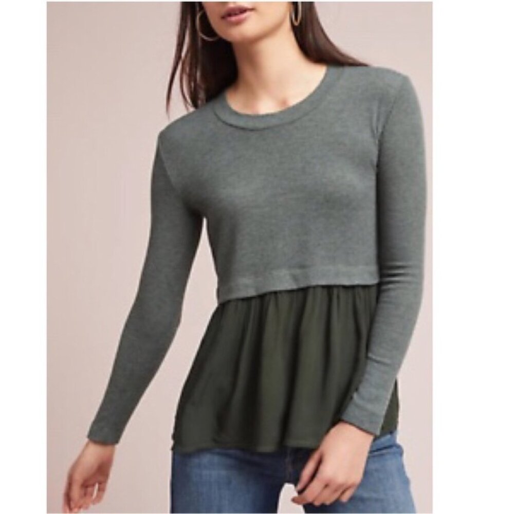 Anthropologie T.La Greer Ribbed Knit Peplum Swing Top Green XS